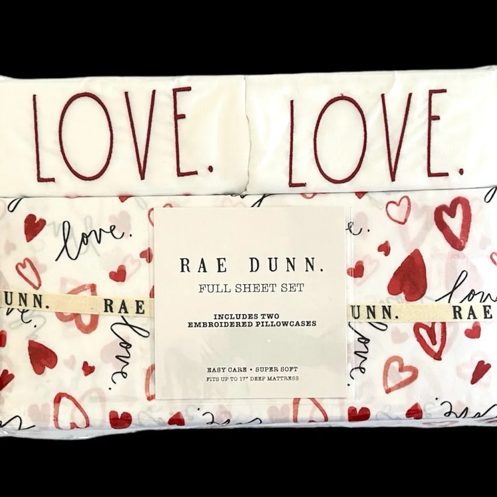 Rae Dunn Full Sheets Set Red Hearts Love Valentine’s Day NEW Sustainable